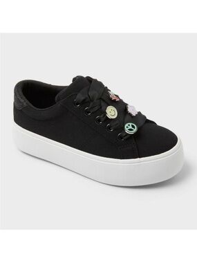 Girls Black Canvas Platform Sneakers with Fun Charms